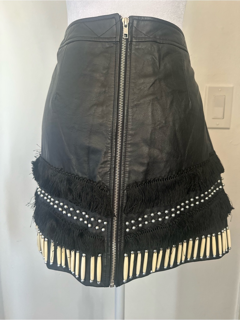 Nasty Gal NWOT Genuine Leather Easy Rider Fringed Beaded Mini Skirt Black L - Picture 7 of 10